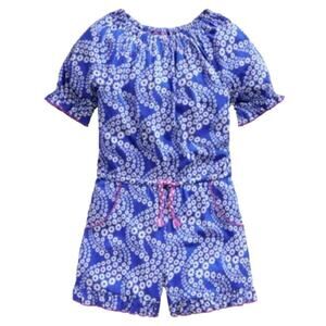 Mini Boden Girls Printed Jersey Romper Greek Blue Daisy Wave, Size 5-6​​​​
